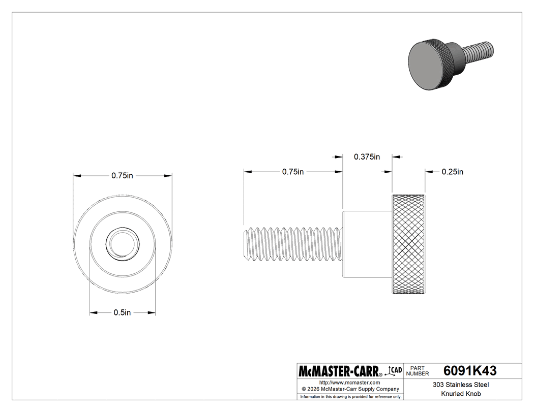 Technical Drawing of 303 Stainless Steel Knurled Knob, with 1/4"-20 Thread, 3/4" Long Stud, 3/4" Head Diameter.